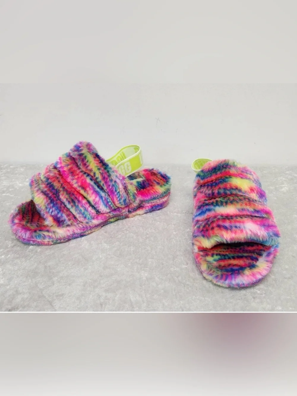 UGG Kids Neon Rainbow Fuzzy Slide Sandals in Multicolor